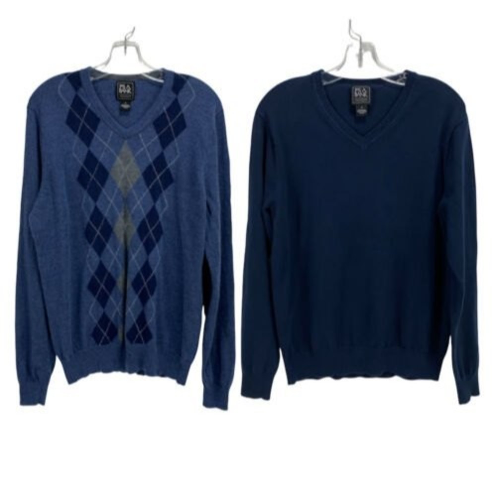(2) Jos A Bank Men Traveler Sweaters Medium Blue V-Neck  Merino Wool Pima Cotton